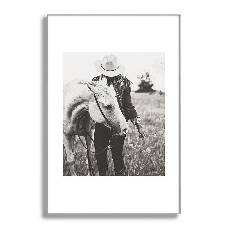 A Cowgirl & Her Horse - Black & White Photo Framed Art Print