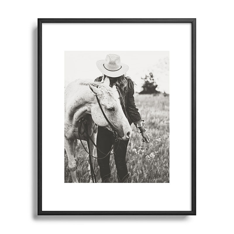 A Cowgirl & Her Horse - Black & White Photo Framed Art Print