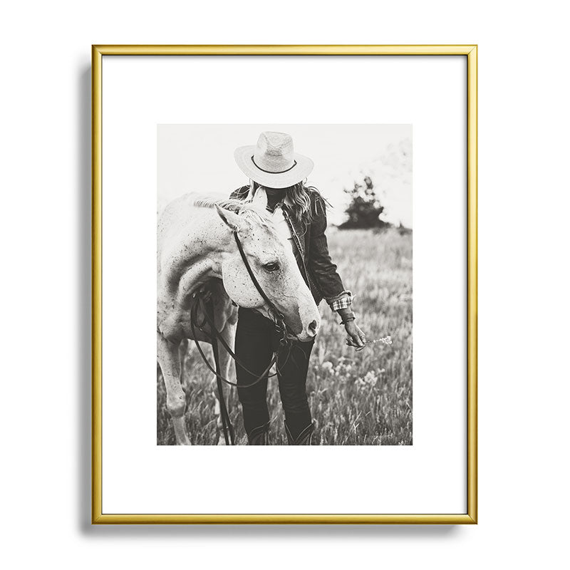 A Cowgirl & Her Horse - Black & White Photo Framed Art Print