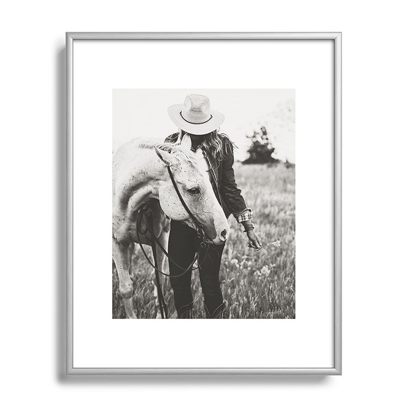 A Cowgirl & Her Horse - Black & White Photo Framed Art Print