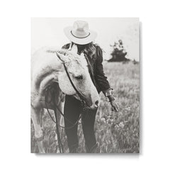 A Cowgirl & Her Horse - Black & White Photo Metal Print