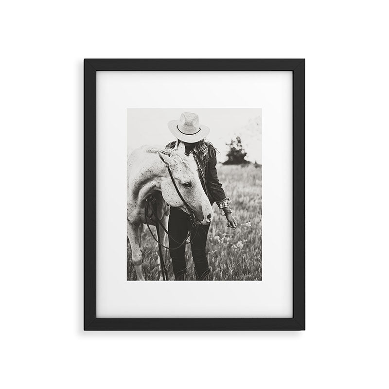 A Cowgirl & Her Horse - Black & White Photo Framed Art Print