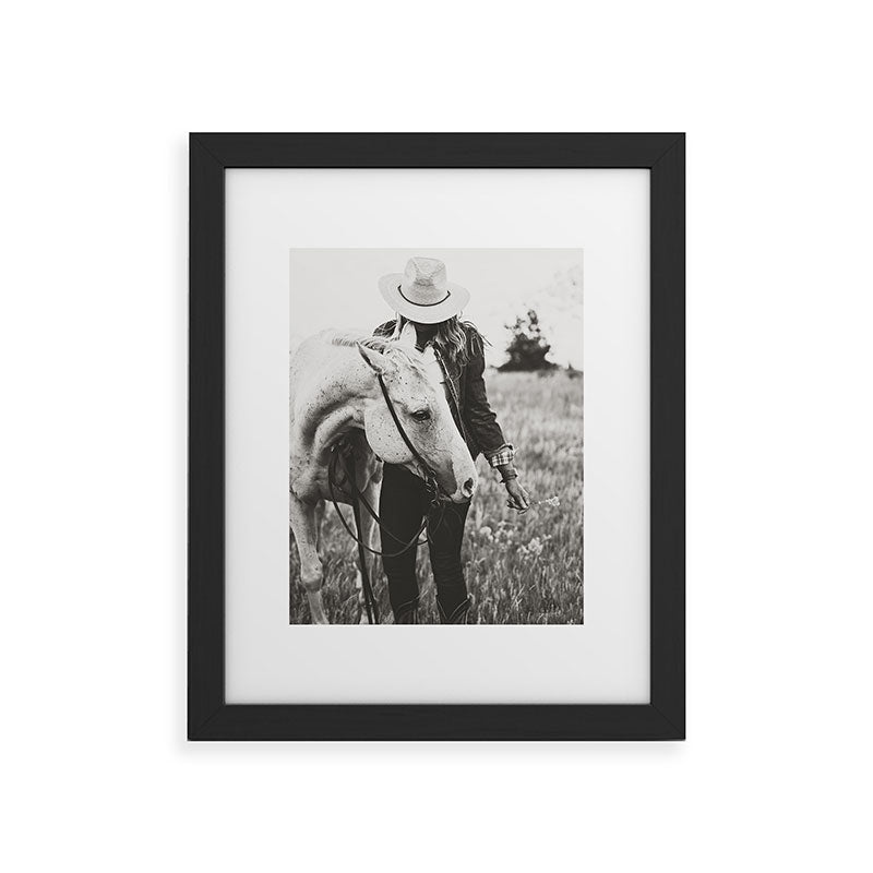 A Cowgirl & Her Horse - Black & White Photo Framed Art Print