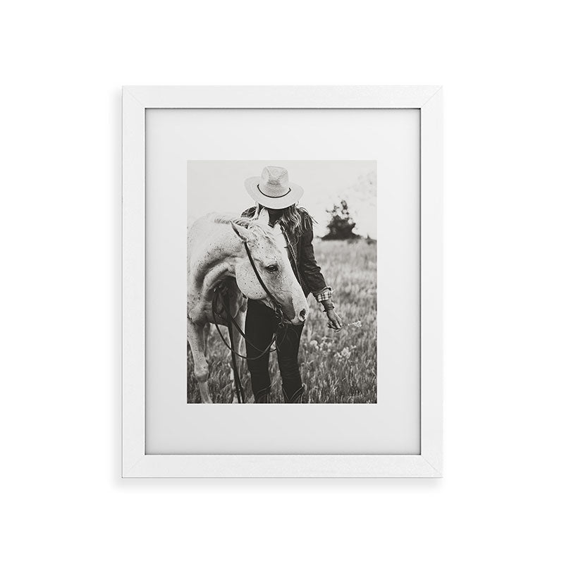 A Cowgirl & Her Horse - Black & White Photo Framed Art Print
