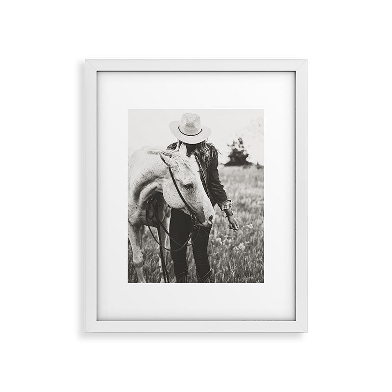 A Cowgirl & Her Horse - Black & White Photo Framed Art Print