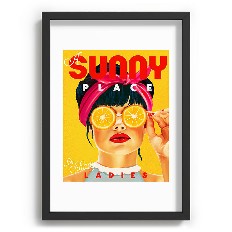 "A Sunny Place For Shady Ladies" Cool, Retro Pinup Girl With Orange Shades Framed Art Print