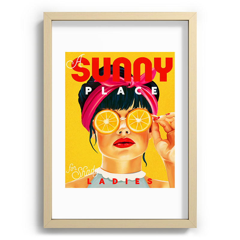 "A Sunny Place For Shady Ladies" Cool, Retro Pinup Girl With Orange Shades Framed Art Print