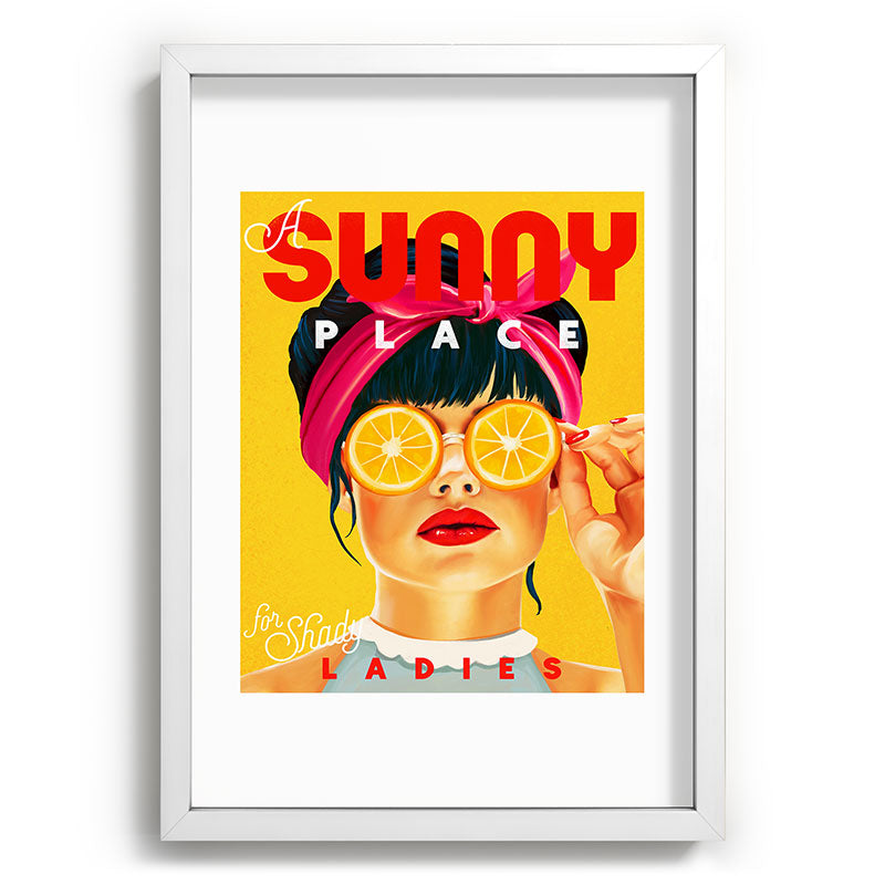 "A Sunny Place For Shady Ladies" Cool, Retro Pinup Girl With Orange Shades Framed Art Print