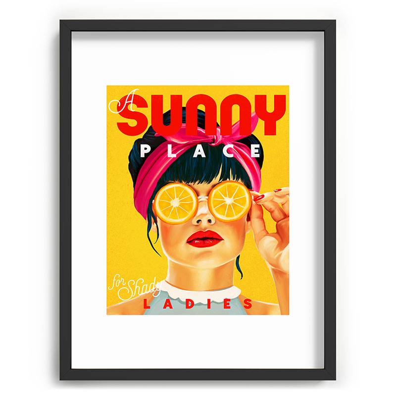 "A Sunny Place For Shady Ladies" Cool, Retro Pinup Girl With Orange Shades Framed Art Print