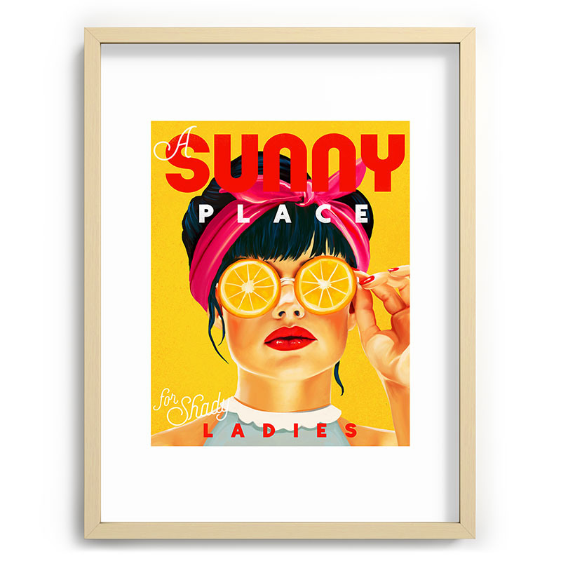 "A Sunny Place For Shady Ladies" Cool, Retro Pinup Girl With Orange Shades Framed Art Print