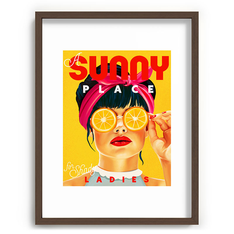 "A Sunny Place For Shady Ladies" Cool, Retro Pinup Girl With Orange Shades Framed Art Print