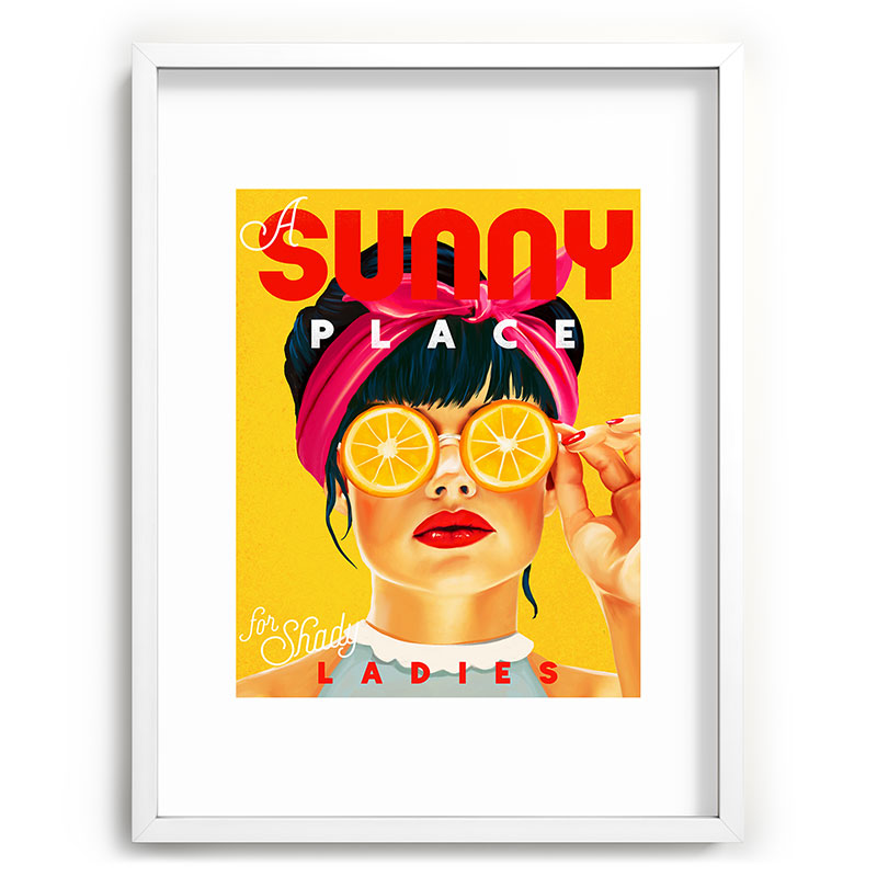 "A Sunny Place For Shady Ladies" Cool, Retro Pinup Girl With Orange Shades Framed Art Print