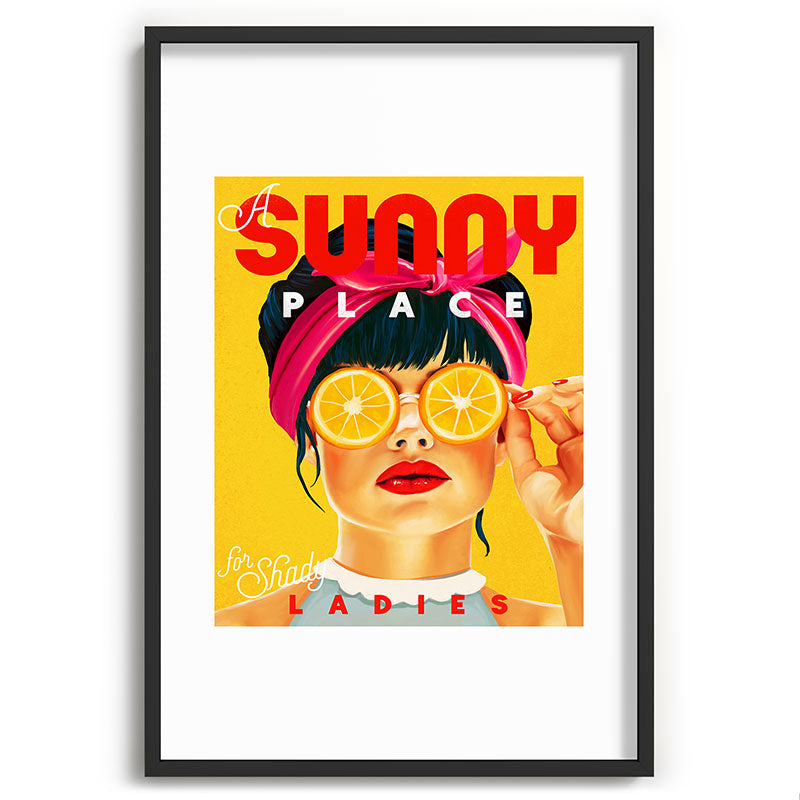 "A Sunny Place For Shady Ladies" Cool, Retro Pinup Girl With Orange Shades Framed Art Print
