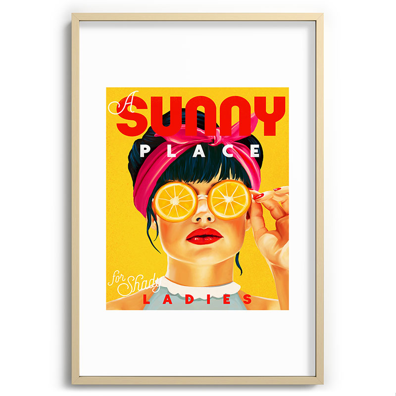 "A Sunny Place For Shady Ladies" Cool, Retro Pinup Girl With Orange Shades Framed Art Print