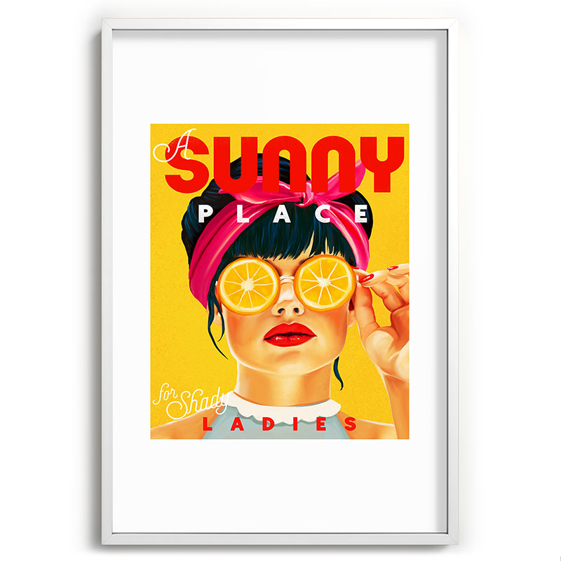 "A Sunny Place For Shady Ladies" Cool, Retro Pinup Girl With Orange Shades Framed Art Print