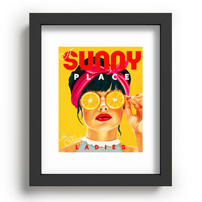 "A Sunny Place For Shady Ladies" Cool, Retro Pinup Girl With Orange Shades Framed Art Print