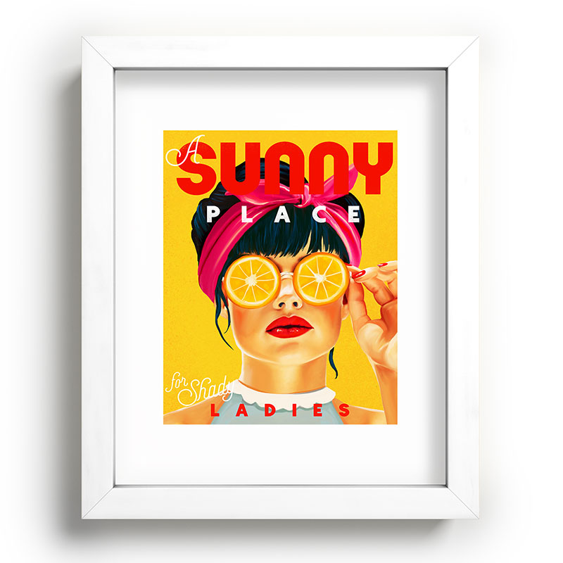 "A Sunny Place For Shady Ladies" Cool, Retro Pinup Girl With Orange Shades Framed Art Print