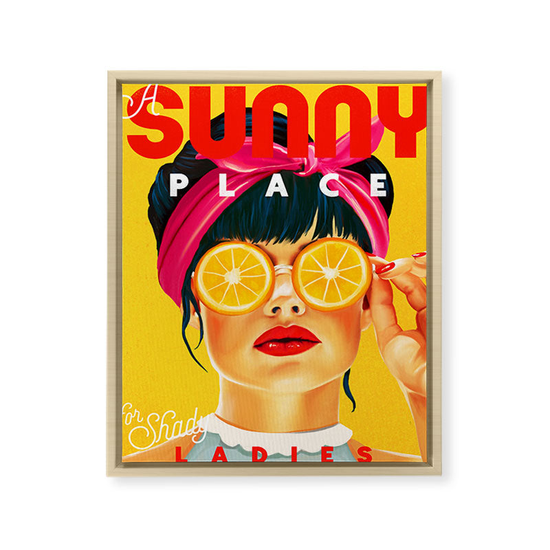 "A Sunny Place For Shady Ladies" Cool, Retro Pinup Girl With Orange Shades Framed Canvas Print