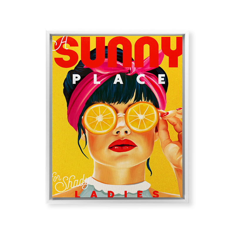 "A Sunny Place For Shady Ladies" Cool, Retro Pinup Girl With Orange Shades Framed Canvas Print