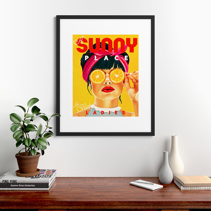 "A Sunny Place For Shady Ladies" Cool, Retro Pinup Girl With Orange Shades Framed Art Print