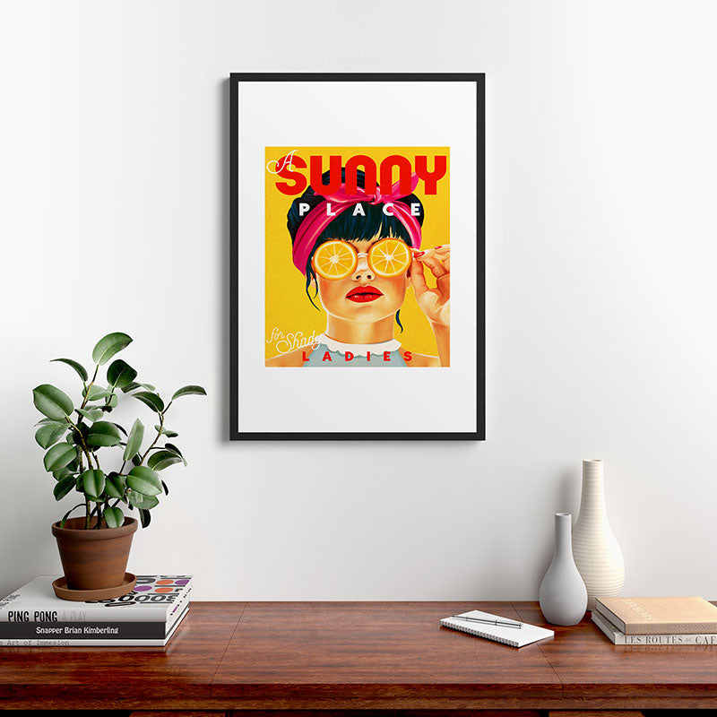 "A Sunny Place For Shady Ladies" Cool, Retro Pinup Girl With Orange Shades Framed Art Print