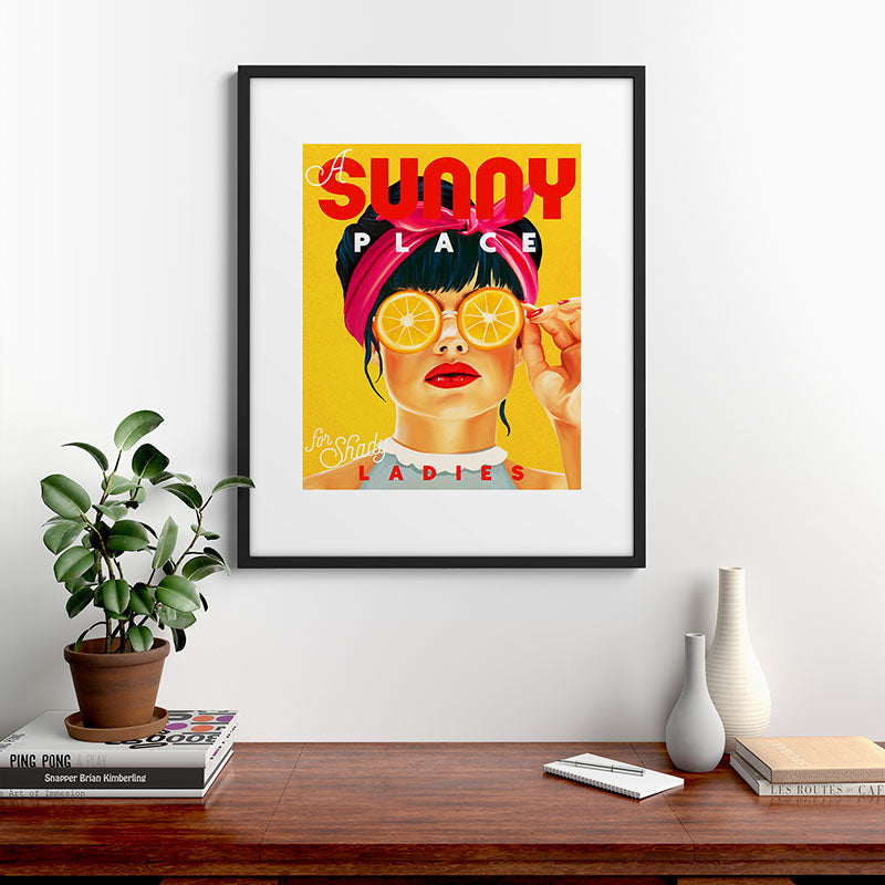 "A Sunny Place For Shady Ladies" Cool, Retro Pinup Girl With Orange Shades Framed Art Print