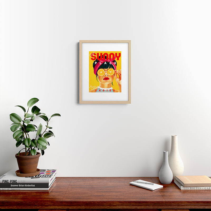 "A Sunny Place For Shady Ladies" Cool, Retro Pinup Girl With Orange Shades Framed Art Print
