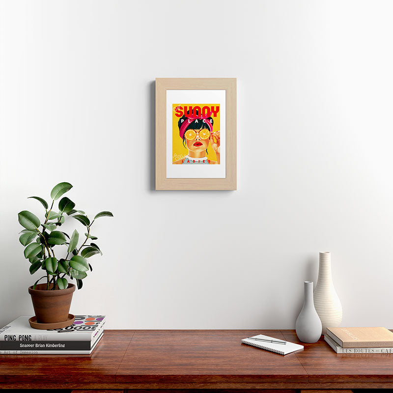 "A Sunny Place For Shady Ladies" Cool, Retro Pinup Girl With Orange Shades Framed Art Print
