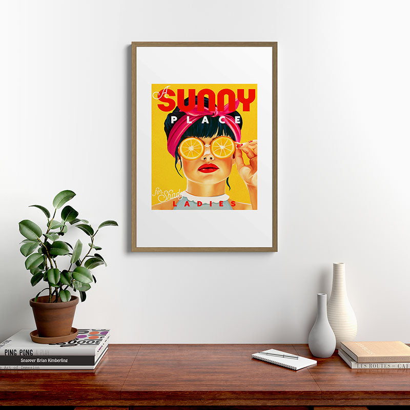 "A Sunny Place For Shady Ladies" Cool, Retro Pinup Girl With Orange Shades Framed Art Print