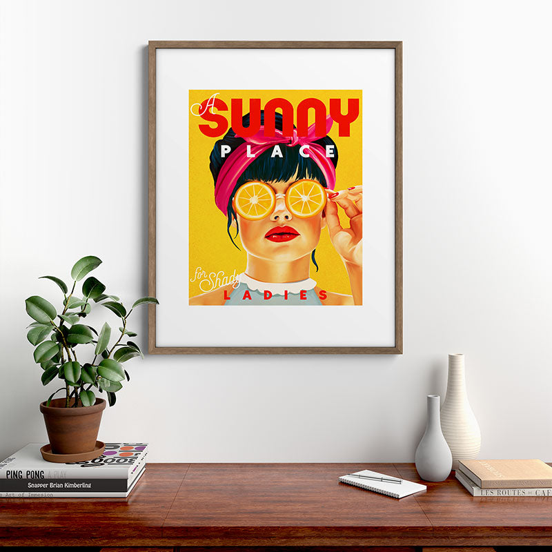 "A Sunny Place For Shady Ladies" Cool, Retro Pinup Girl With Orange Shades Framed Art Print