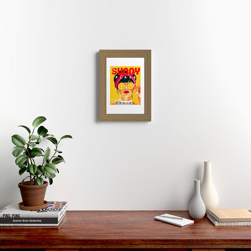 "A Sunny Place For Shady Ladies" Cool, Retro Pinup Girl With Orange Shades Framed Art Print