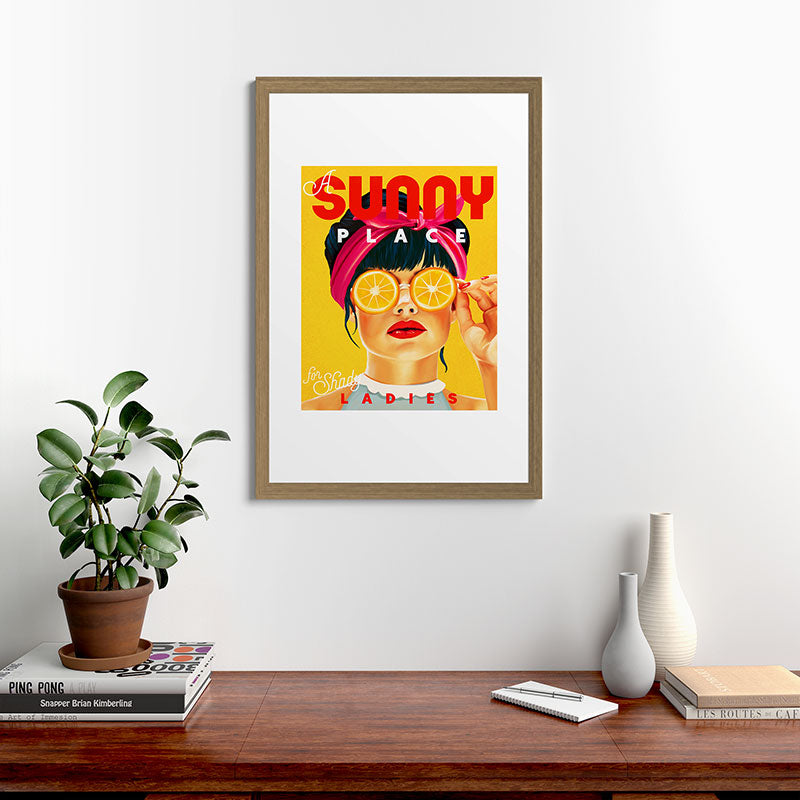 "A Sunny Place For Shady Ladies" Cool, Retro Pinup Girl With Orange Shades Framed Art Print