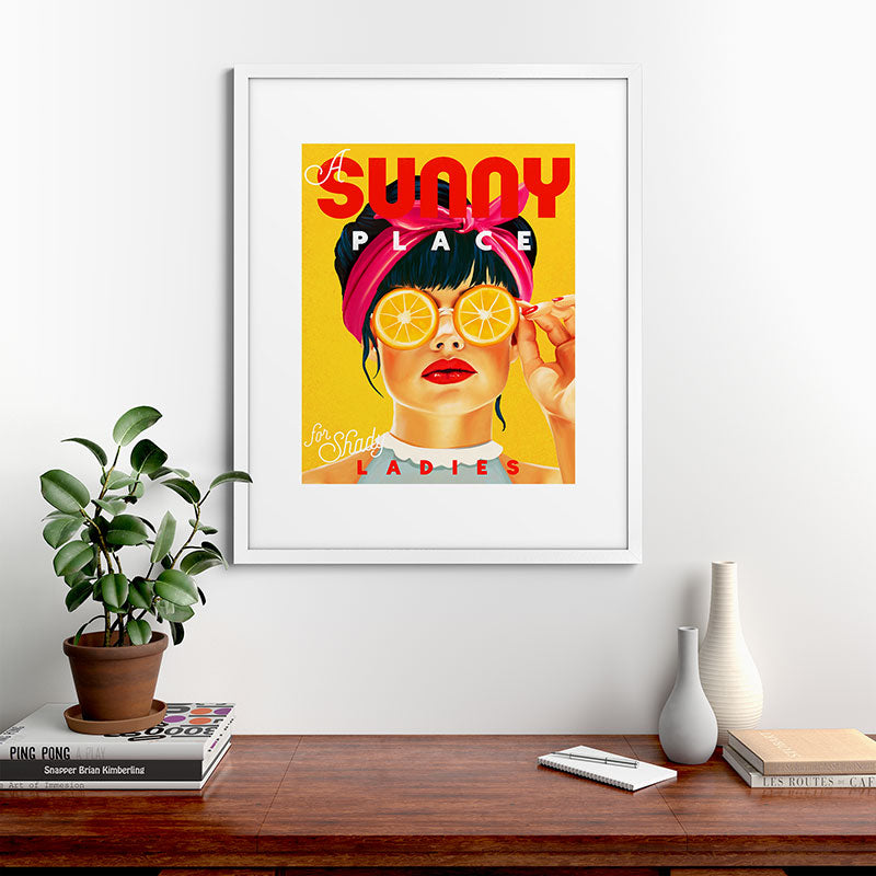 "A Sunny Place For Shady Ladies" Cool, Retro Pinup Girl With Orange Shades Framed Art Print