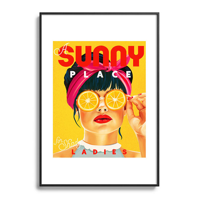 "A Sunny Place For Shady Ladies" Cool, Retro Pinup Girl With Orange Shades Framed Art Print