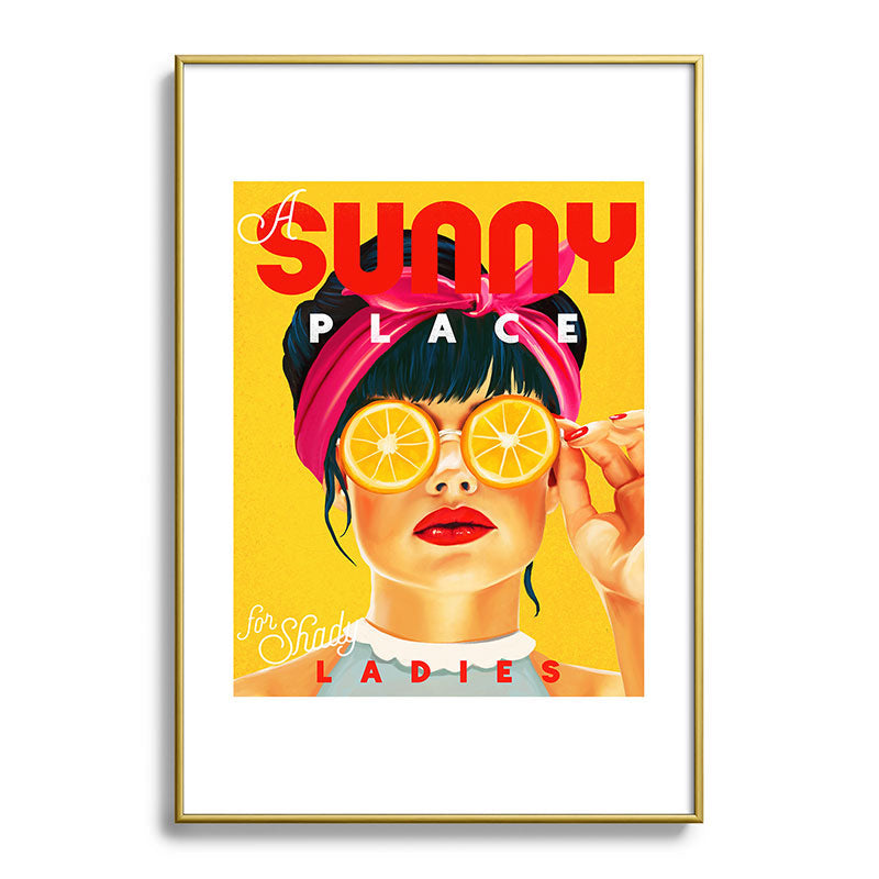 "A Sunny Place For Shady Ladies" Cool, Retro Pinup Girl With Orange Shades Framed Art Print