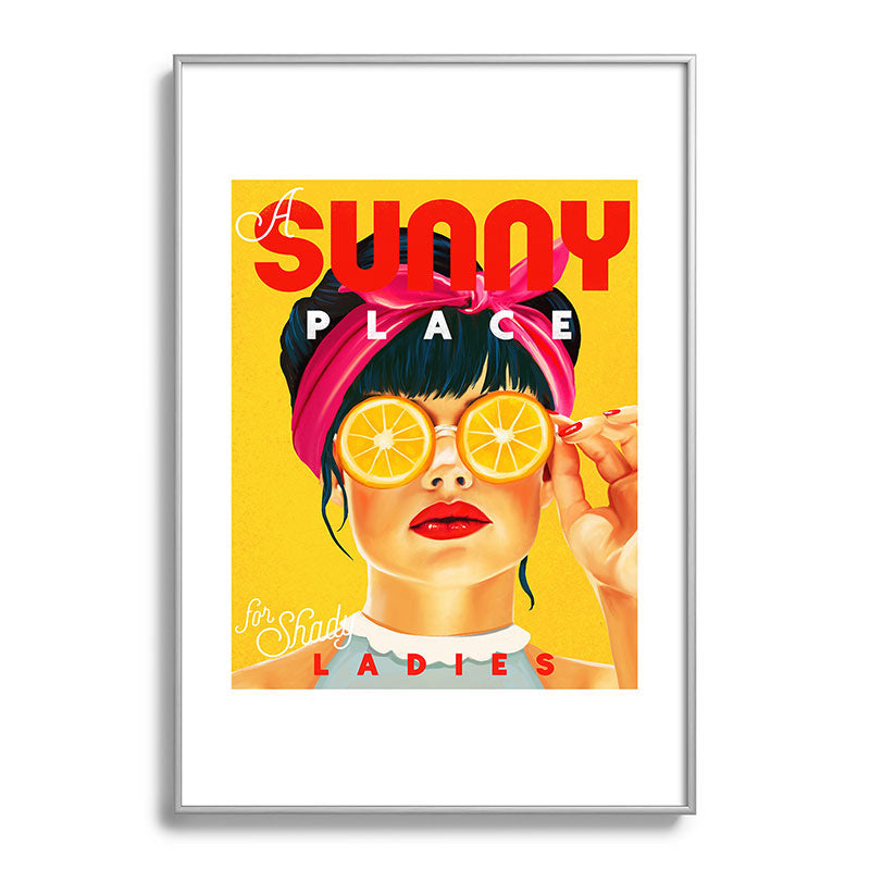 "A Sunny Place For Shady Ladies" Cool, Retro Pinup Girl With Orange Shades Framed Art Print