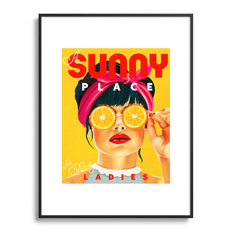 "A Sunny Place For Shady Ladies" Cool, Retro Pinup Girl With Orange Shades Framed Art Print