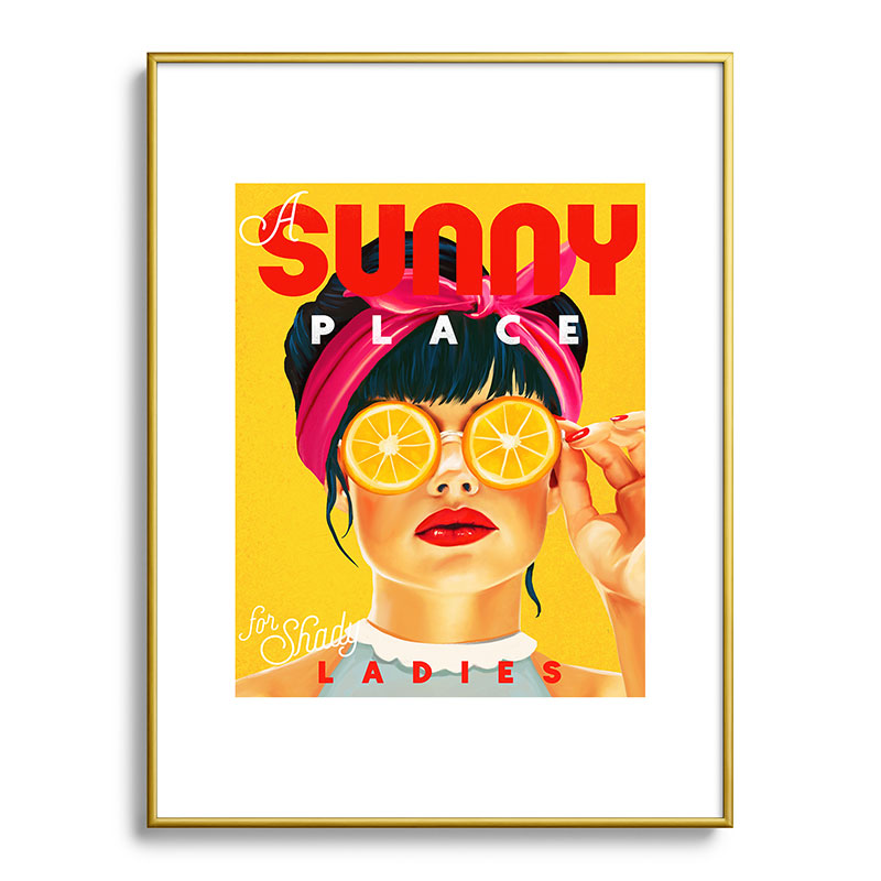 "A Sunny Place For Shady Ladies" Cool, Retro Pinup Girl With Orange Shades Framed Art Print