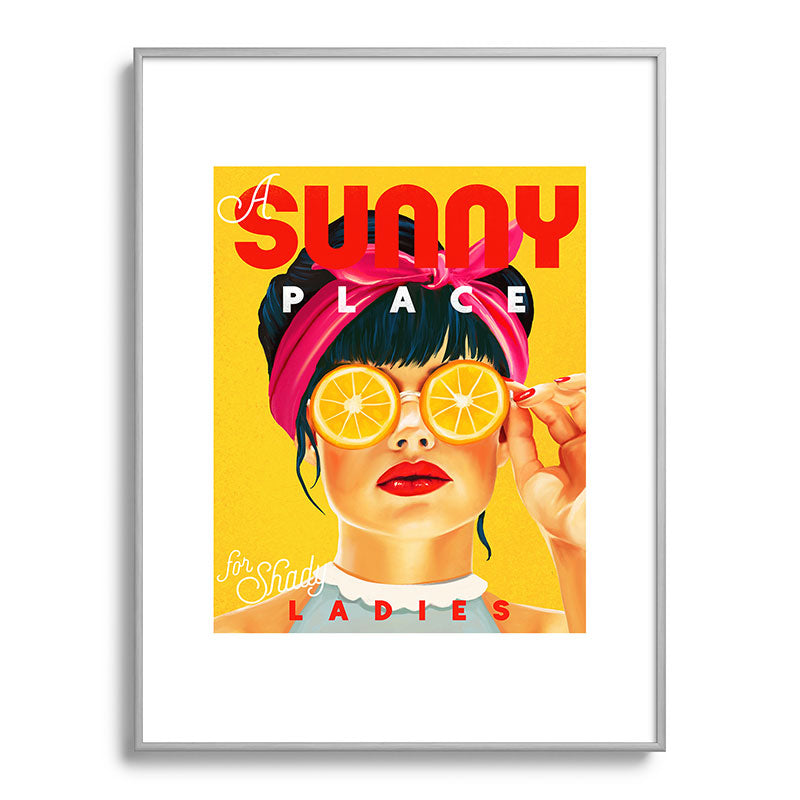 "A Sunny Place For Shady Ladies" Cool, Retro Pinup Girl With Orange Shades Framed Art Print