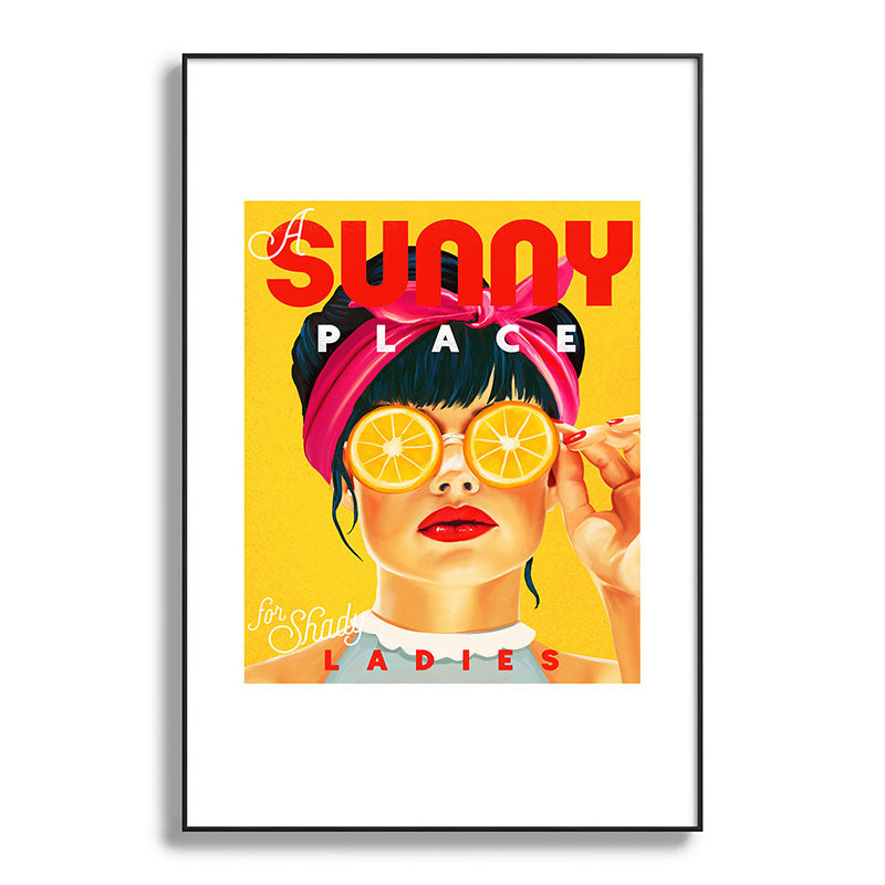 "A Sunny Place For Shady Ladies" Cool, Retro Pinup Girl With Orange Shades Framed Art Print