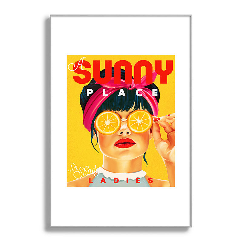 "A Sunny Place For Shady Ladies" Cool, Retro Pinup Girl With Orange Shades Framed Art Print