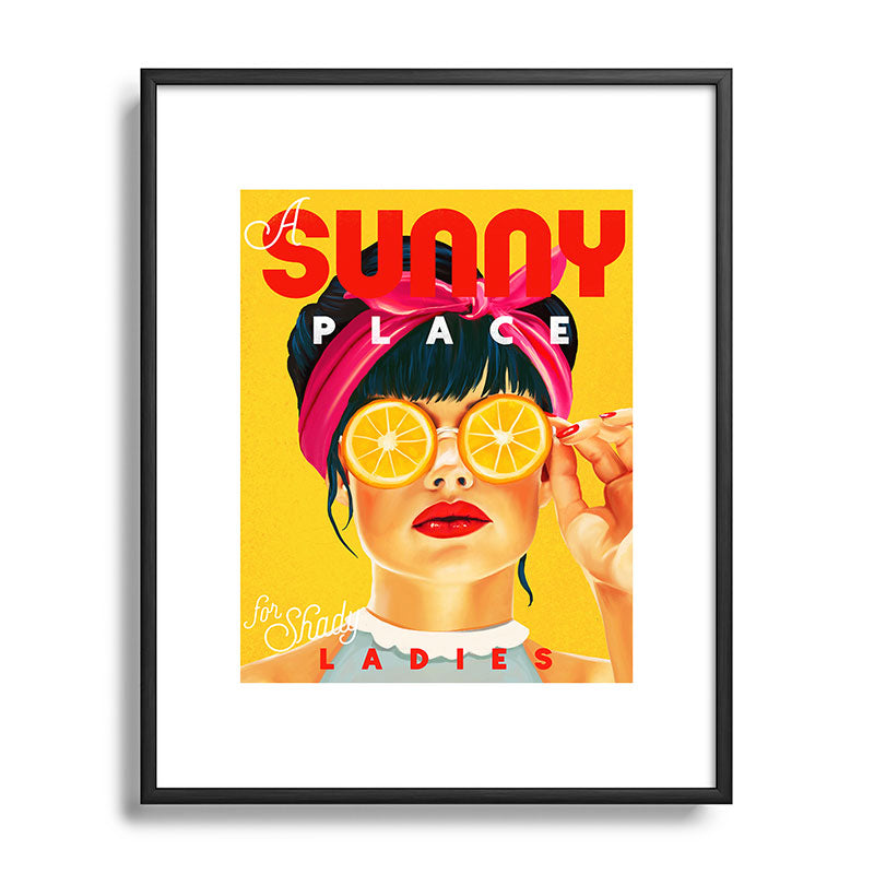 "A Sunny Place For Shady Ladies" Cool, Retro Pinup Girl With Orange Shades Framed Art Print