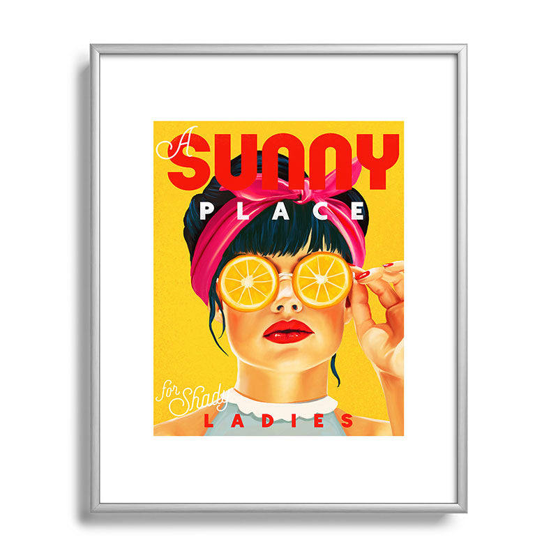 "A Sunny Place For Shady Ladies" Cool, Retro Pinup Girl With Orange Shades Framed Art Print
