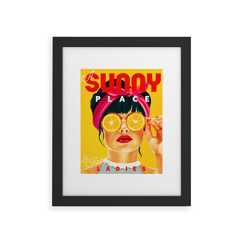"A Sunny Place For Shady Ladies" Cool, Retro Pinup Girl With Orange Shades Framed Art Print