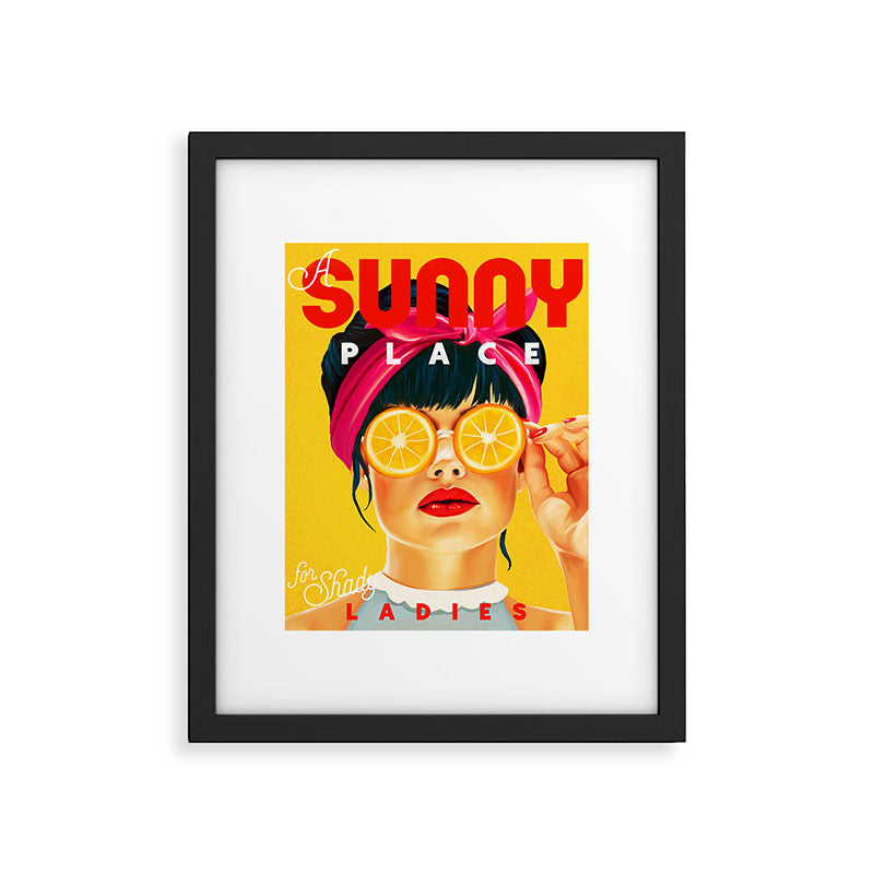 "A Sunny Place For Shady Ladies" Cool, Retro Pinup Girl With Orange Shades Framed Art Print
