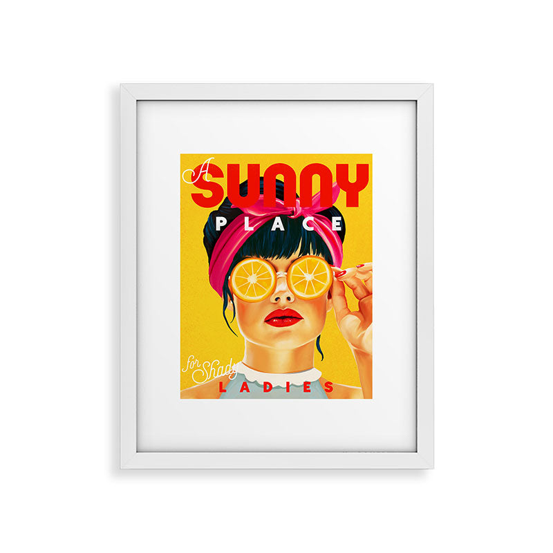 "A Sunny Place For Shady Ladies" Cool, Retro Pinup Girl With Orange Shades Framed Art Print