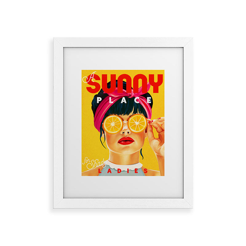 "A Sunny Place For Shady Ladies" Cool, Retro Pinup Girl With Orange Shades Framed Art Print