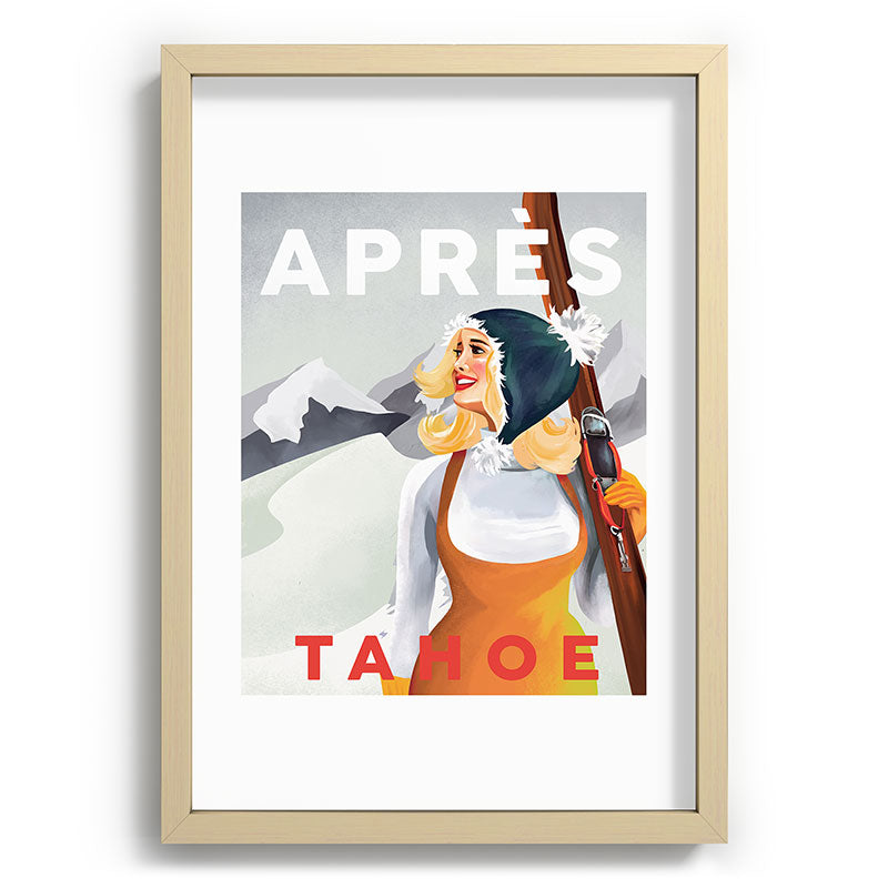 "Apres Tahoe" Cute Retro Pinup Girl Ski Art Framed Art Print