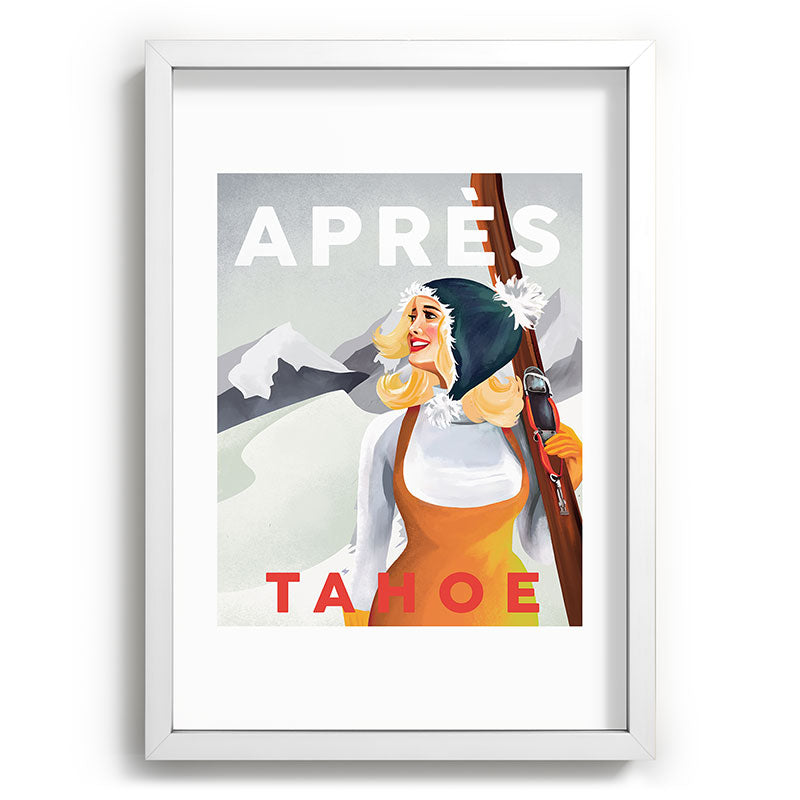 "Apres Tahoe" Cute Retro Pinup Girl Ski Art Framed Art Print
