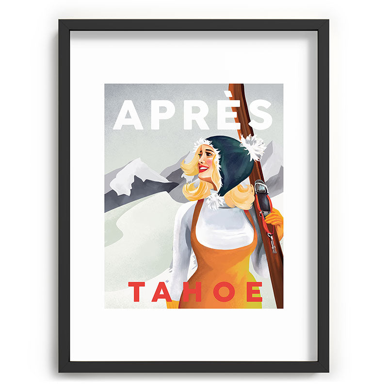 "Apres Tahoe" Cute Retro Pinup Girl Ski Art Framed Art Print